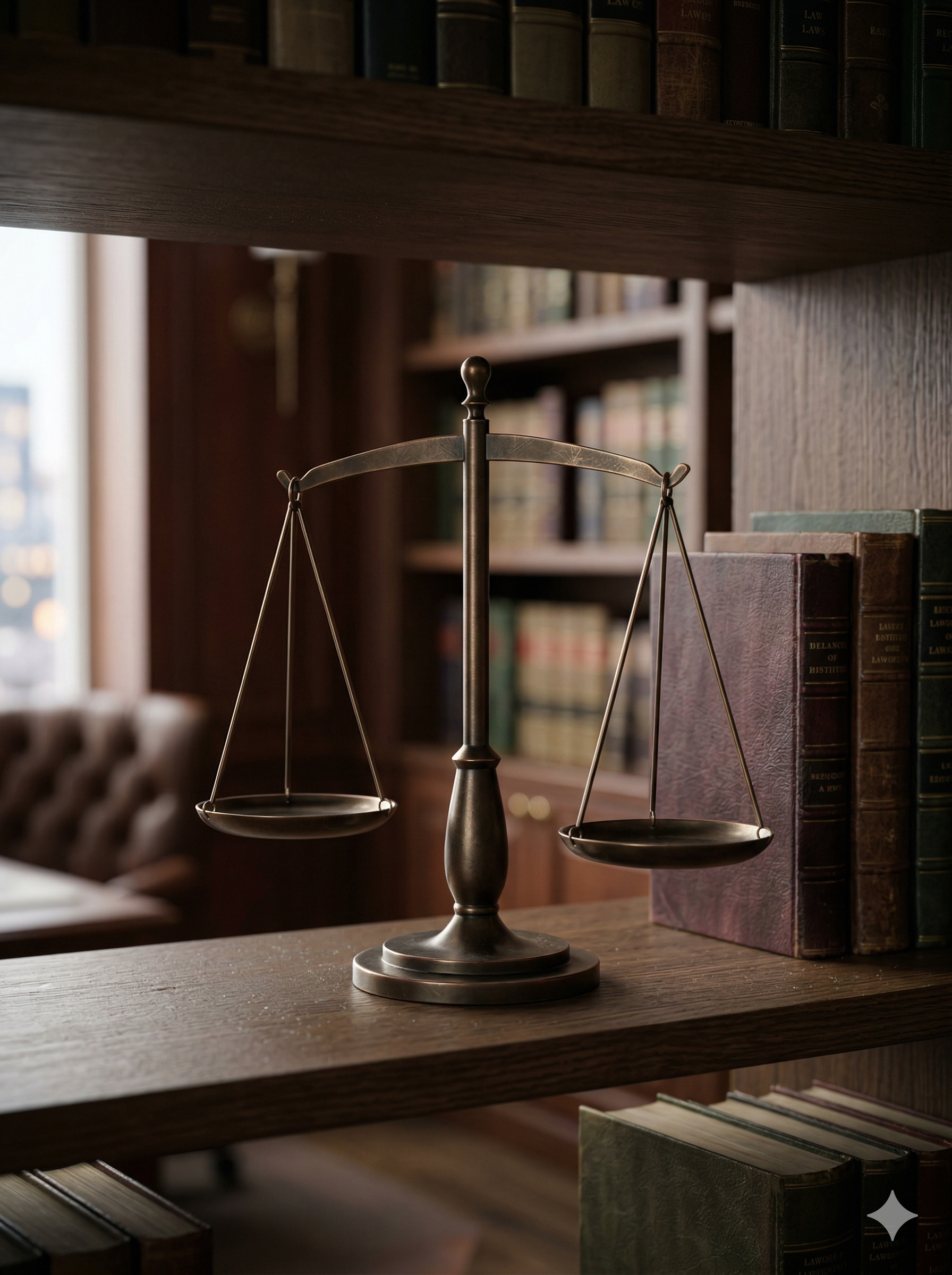 Escritório de advocacia com balança da justiça e livros jurídicos